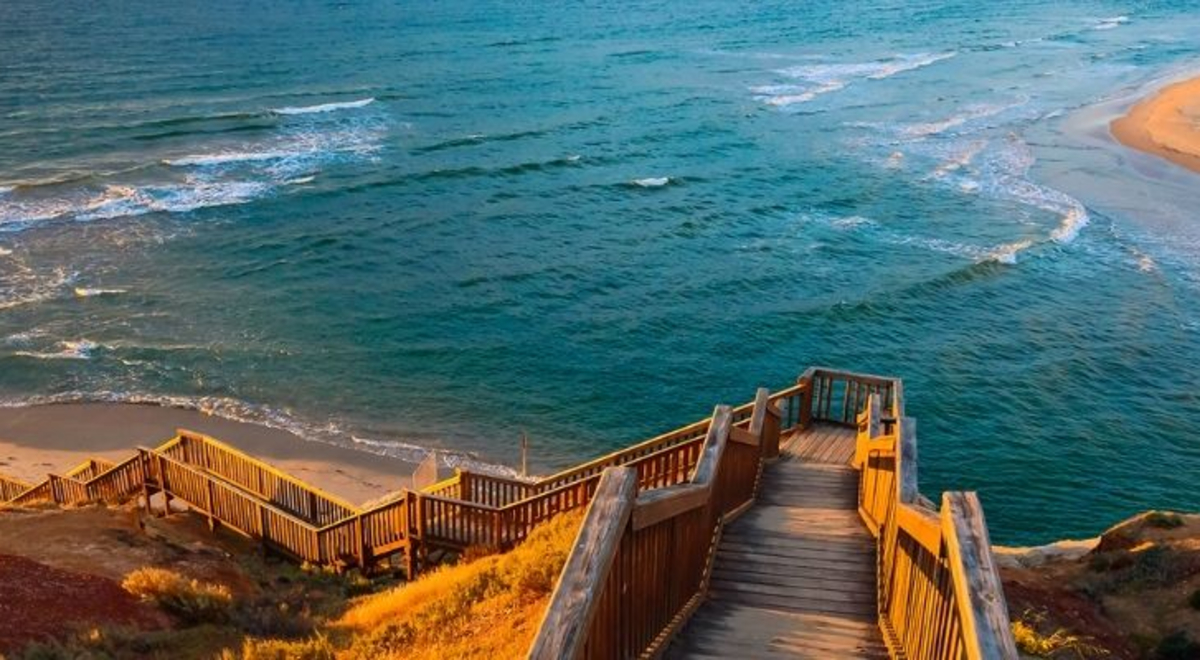 The wooden walkway down to the beach