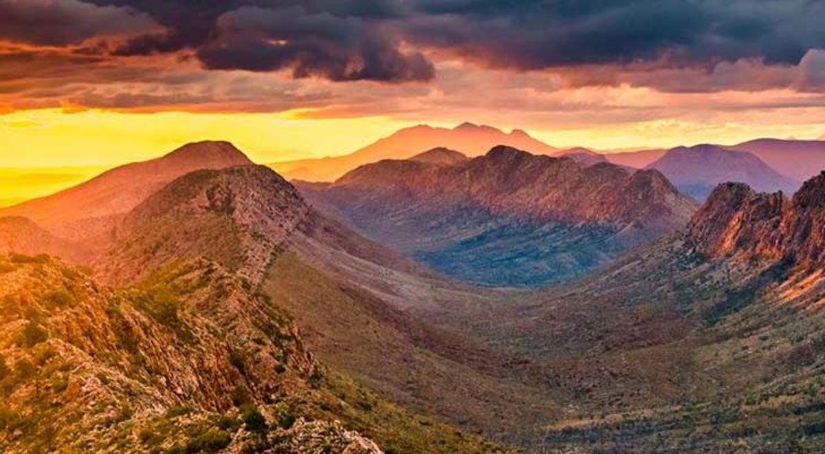 An aerial view of the west mcdonnel range during sunset