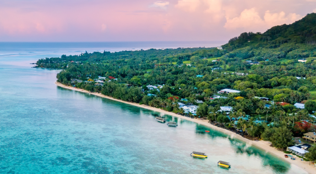 Aerial view of Muri Lagoon at sunset in Rarotonga