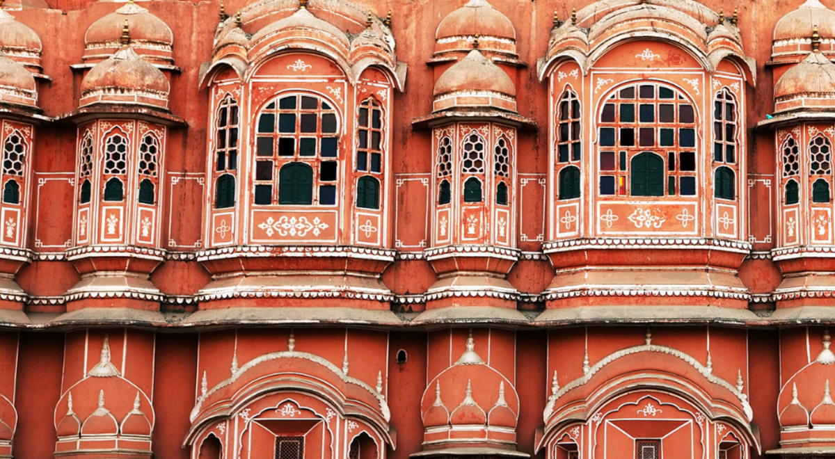 Facade of intricate red brick building in India