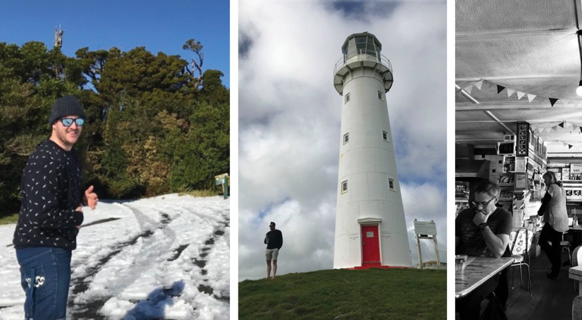 A man stands by fresh snow / a lighthouse / people in a retro cafe / A mountain over the sea