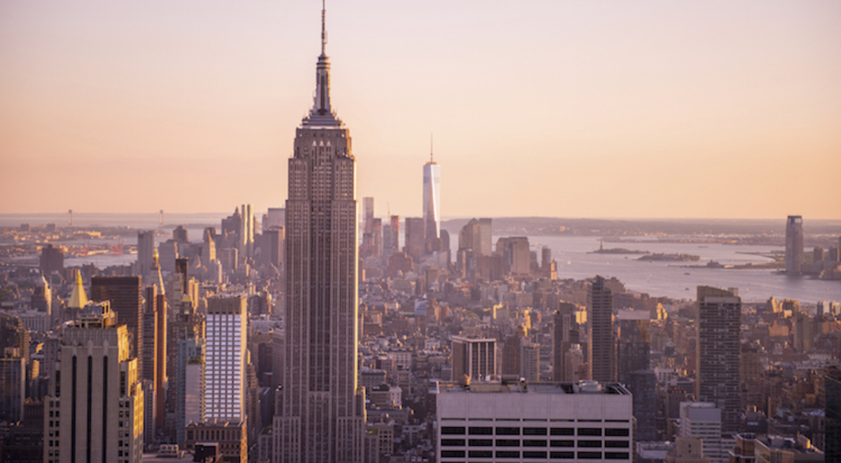 View of New York skyline at dusk