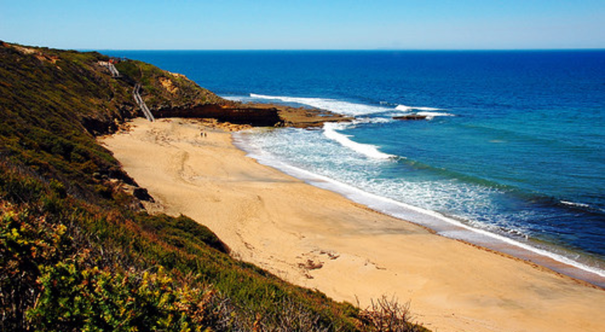 Beach cove with blue water and green hinterland 