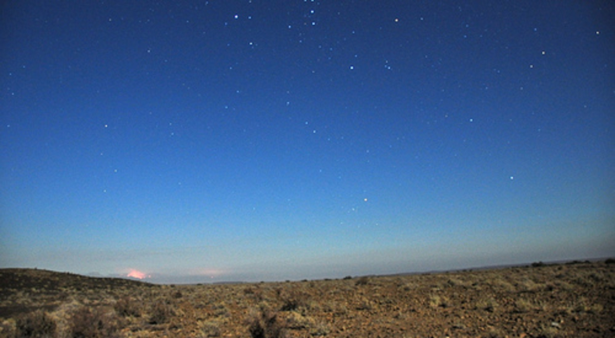 Blue starry sky over an open field