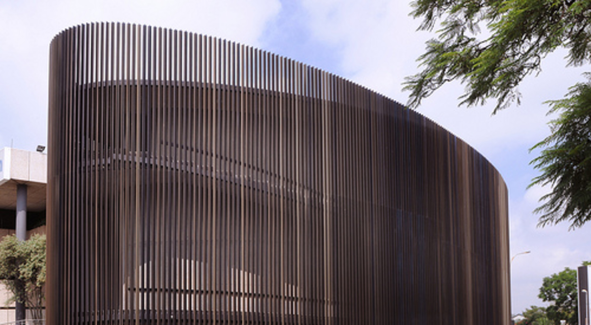 Modern abstract building with wood paneling 