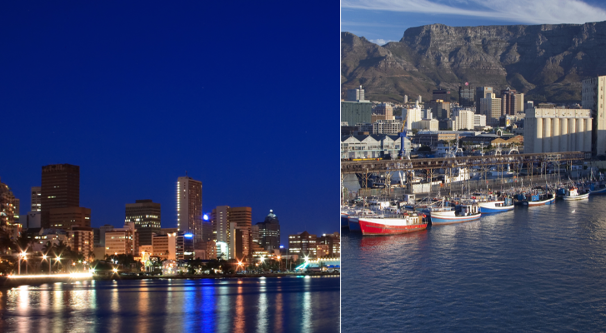 Three attractions including the city at night, a mountain and sky rises and a purple bridge lit up in the dark