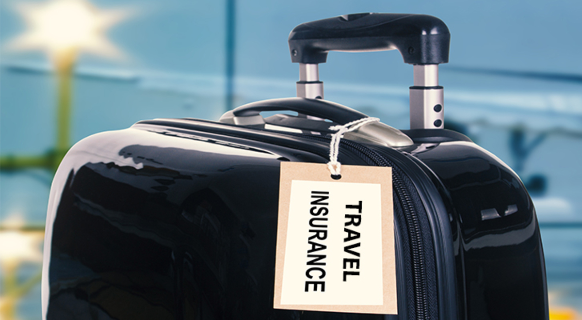 A black suitcase with a tag labelled 'travel insurance' and a plane taking off in the background