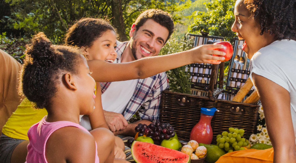A family having a picnic with a kid feed her mum an apple