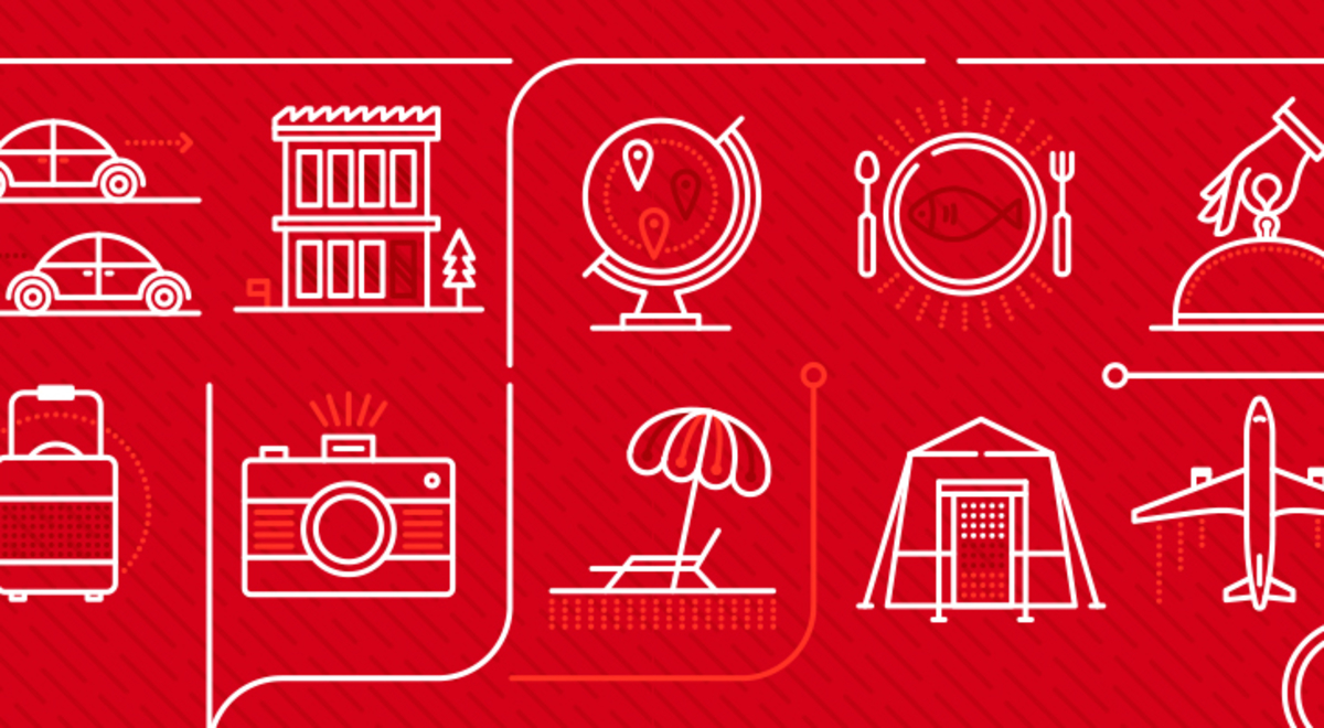 Various cartoon drawings symbolising different aspects of travel  