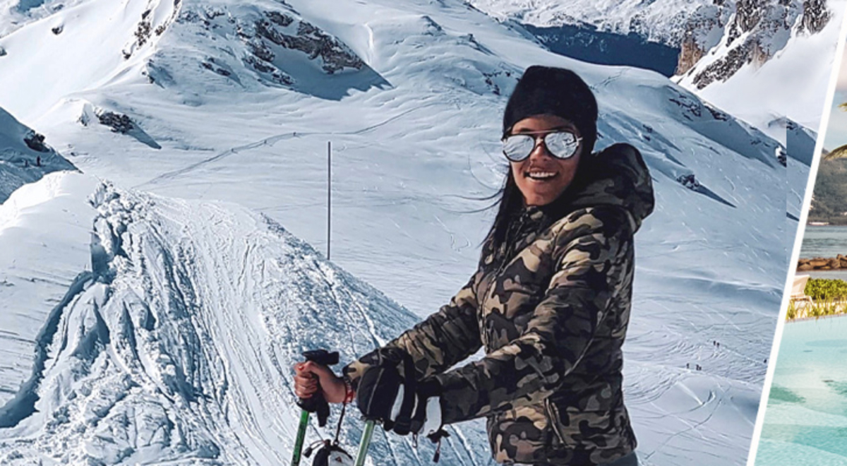 Contains two images of  a woman skiing and a resort style lagoon pool 