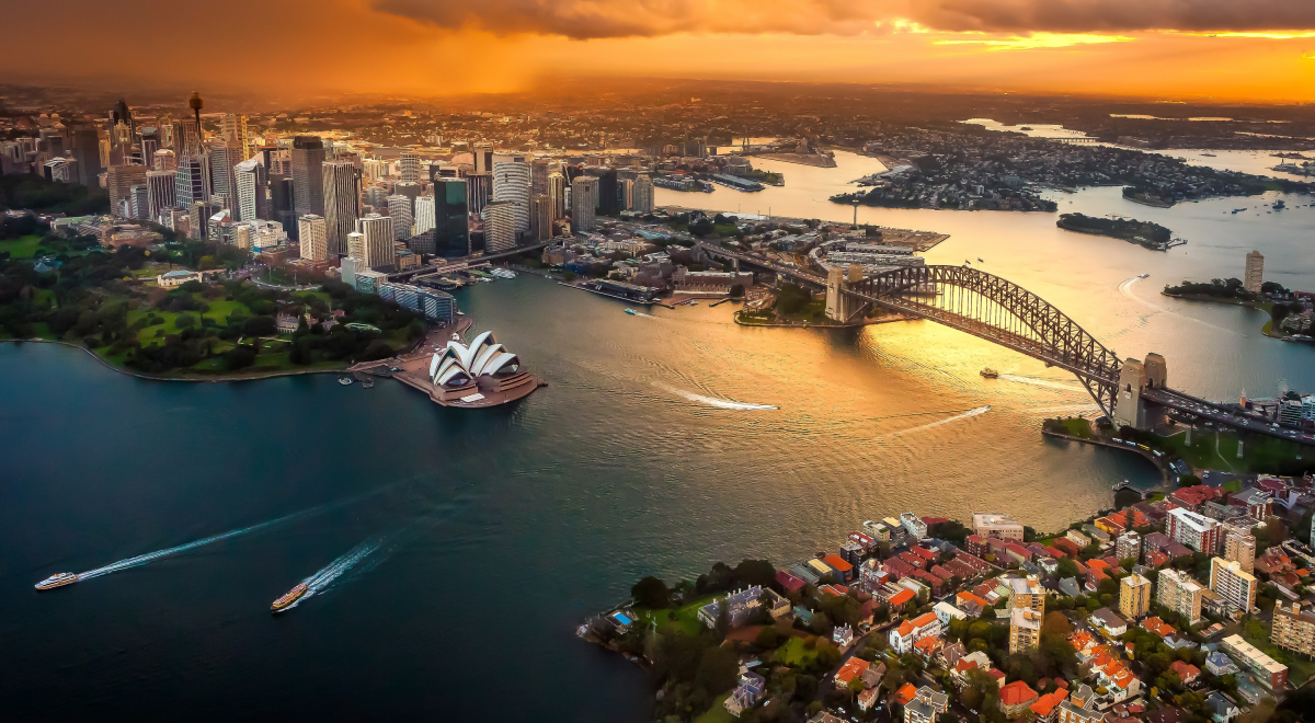 Aerial view of Sydney Harbour and Opera House