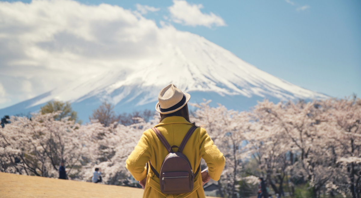 Woman with her back turned wearing a yellow coat and a backpack looking at a snow covered mountain