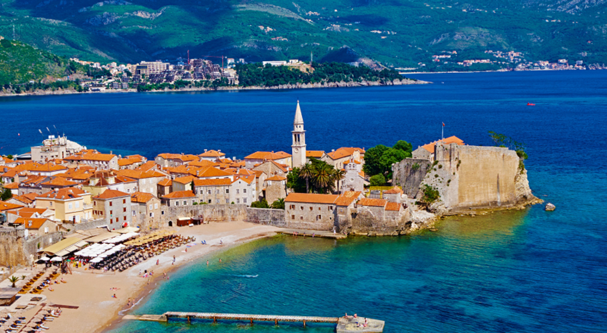 An aerial view of the historic town of Budva, Montenegro