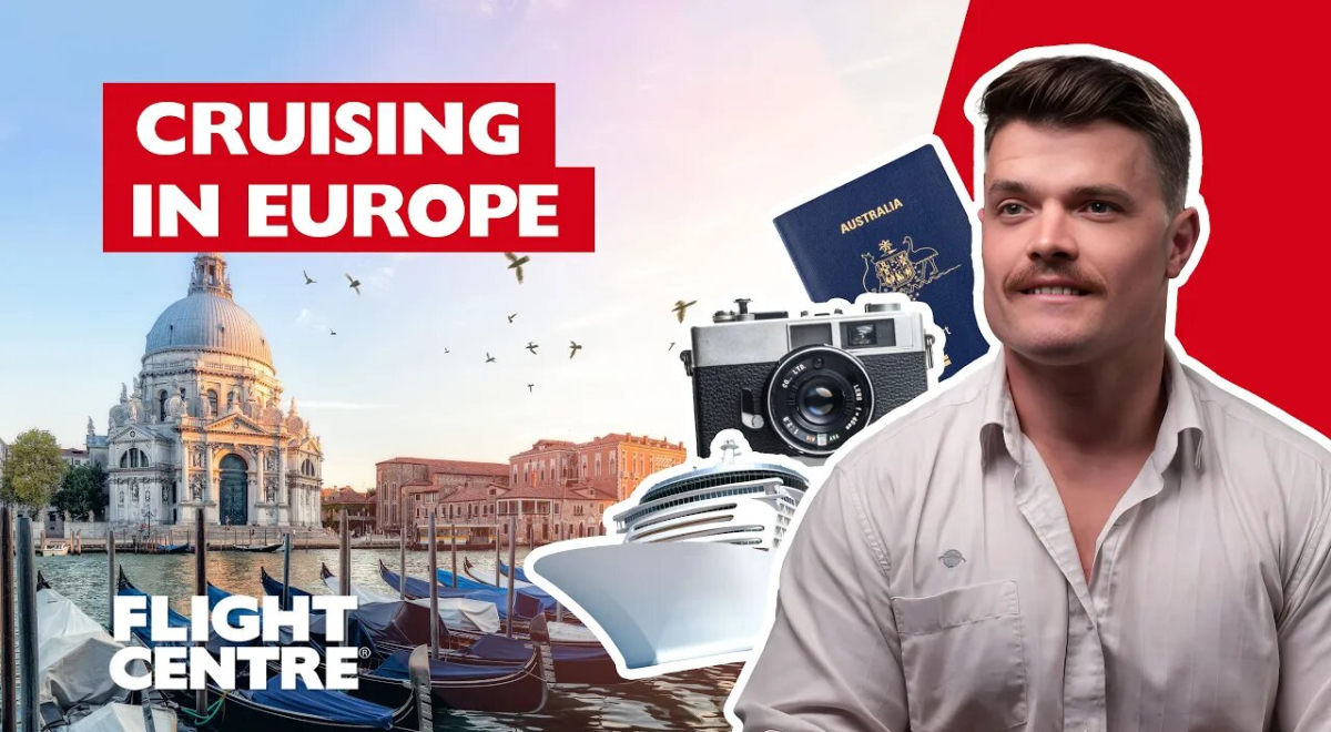 Man sitting down next to passport, camera and cruise ships with a European backdrop