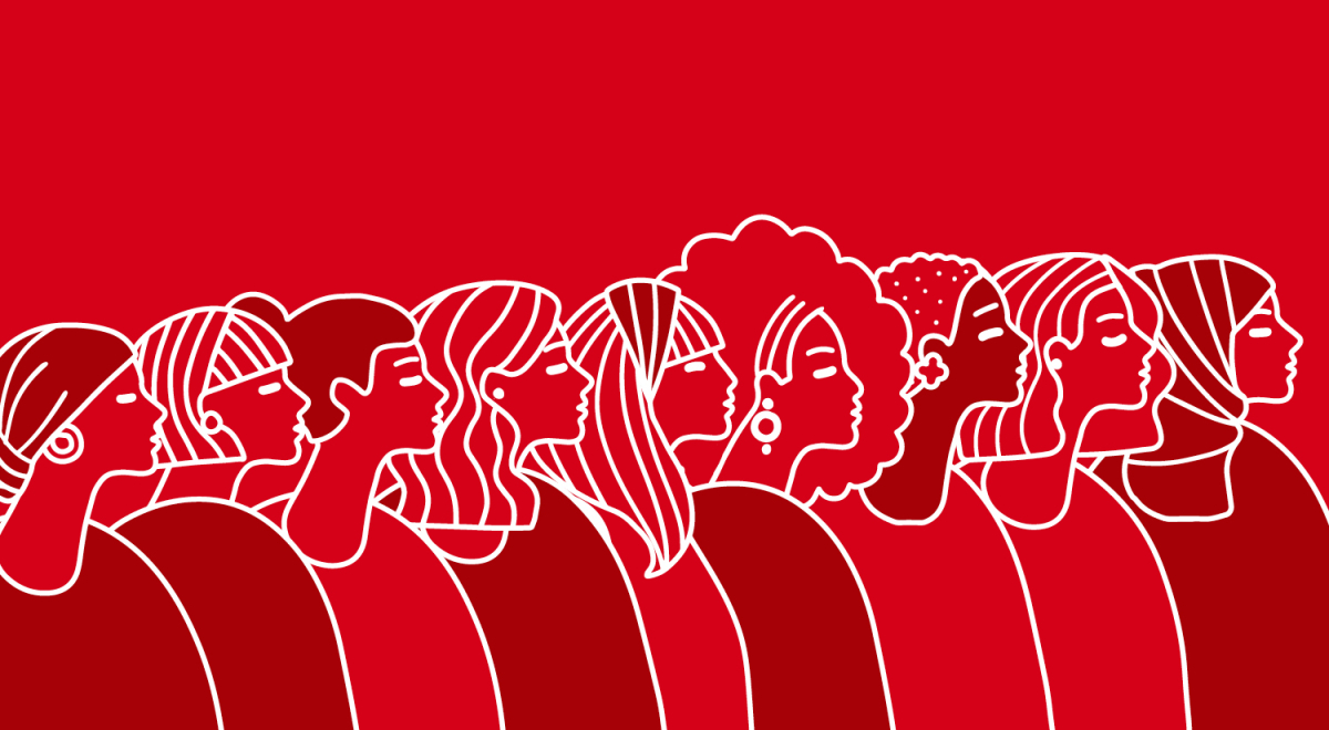 white drawing of diverse womens profiles on red background