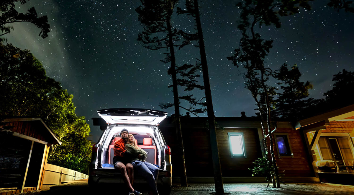 A couple gazing up at a starry night sky