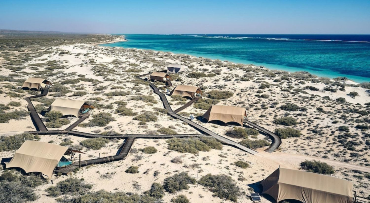 A luxury camp site with safari style tents by the ocean.