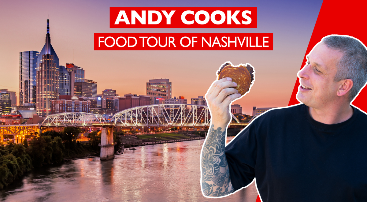 Andy cooks eating with Nashville in the background