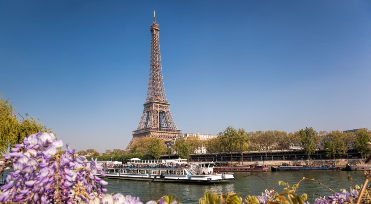 A view of the Eiffel Tower from across the river.