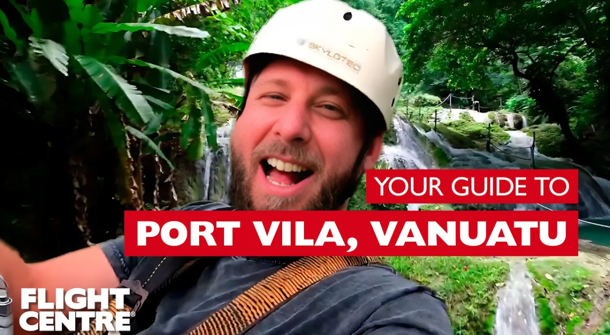 Man in protective gear ziplining in Vanuatu