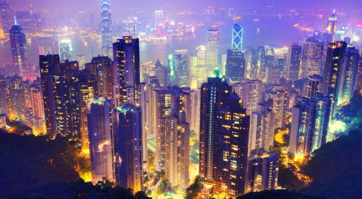 aerial view of the sky scrapers and city lights in Hong Kong