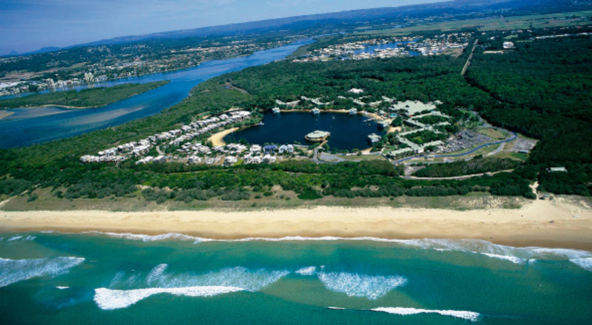 aerial view of the cerulean waters of the Sunshine Coast novotel twin towers