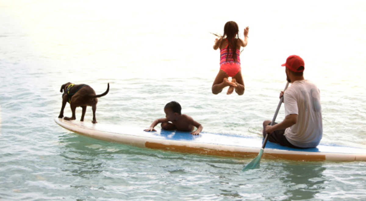 A family with a dog on a paddle board