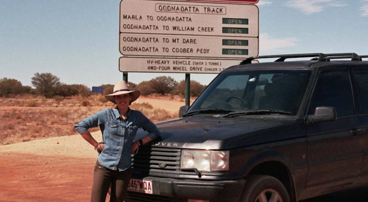 Writer Sam Aldenton at the start of the Oodnadatta Track just outside of Marla on her outback road trip.