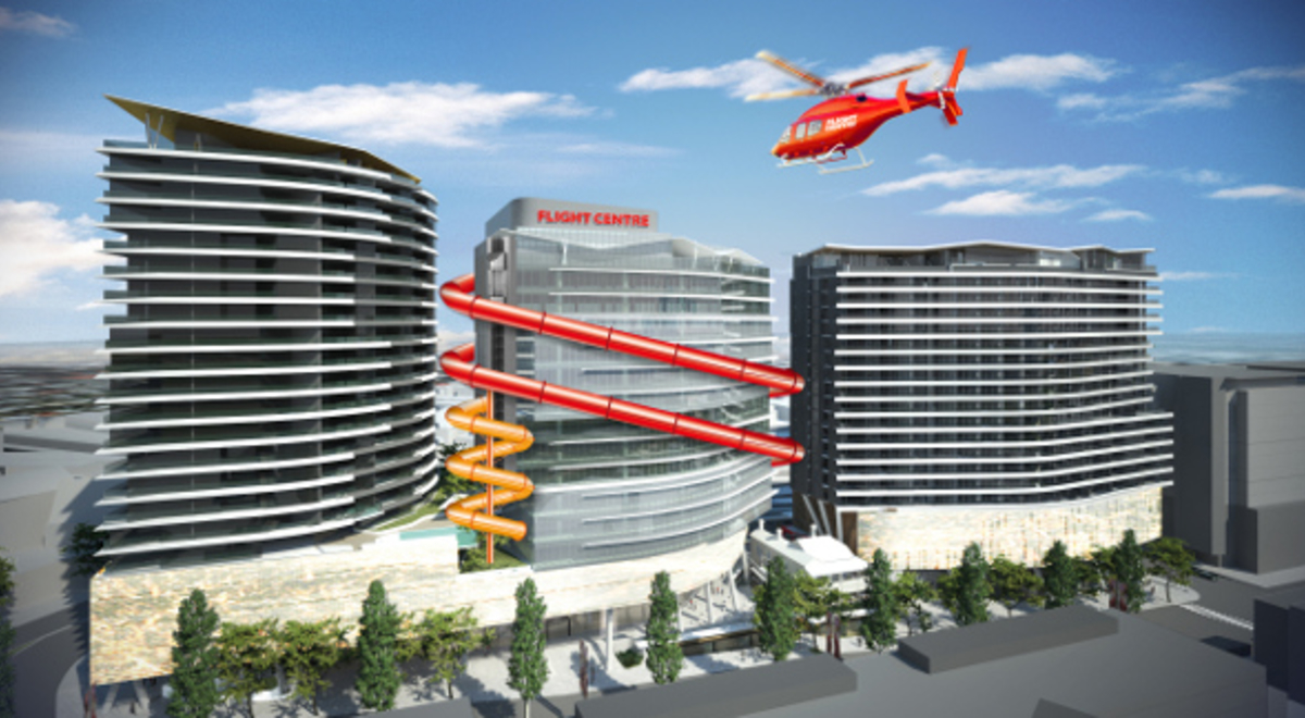 an illustration of Flight Center's office with are red and yellow external slide and a red plane flying towards it