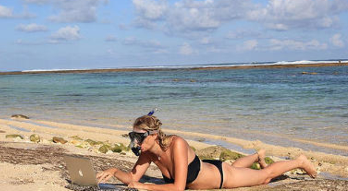Woman relaxing on a Bali beach in her bikini 
