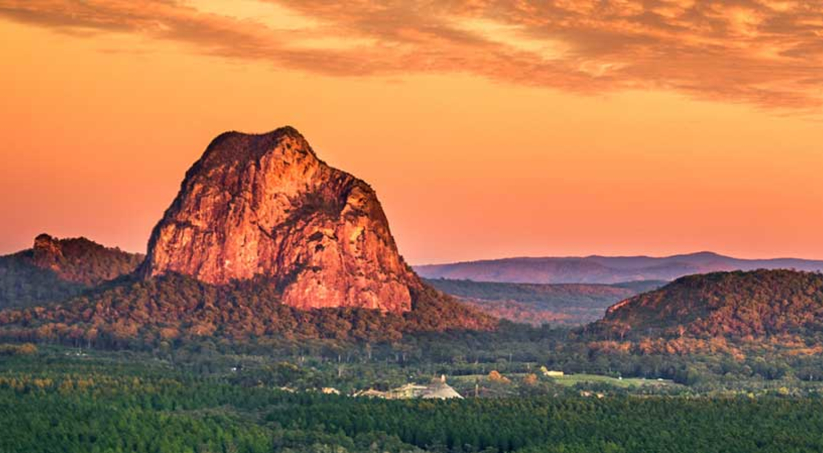 Glasshouse Mountains, Sunshine Coast Hinterland during sunset