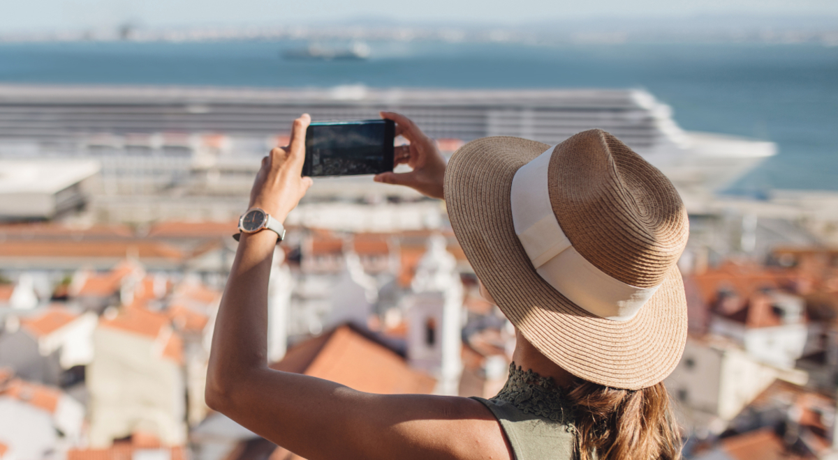 Cruise in the town of Split taking a photo of the old town from above. Cruise ship in the background