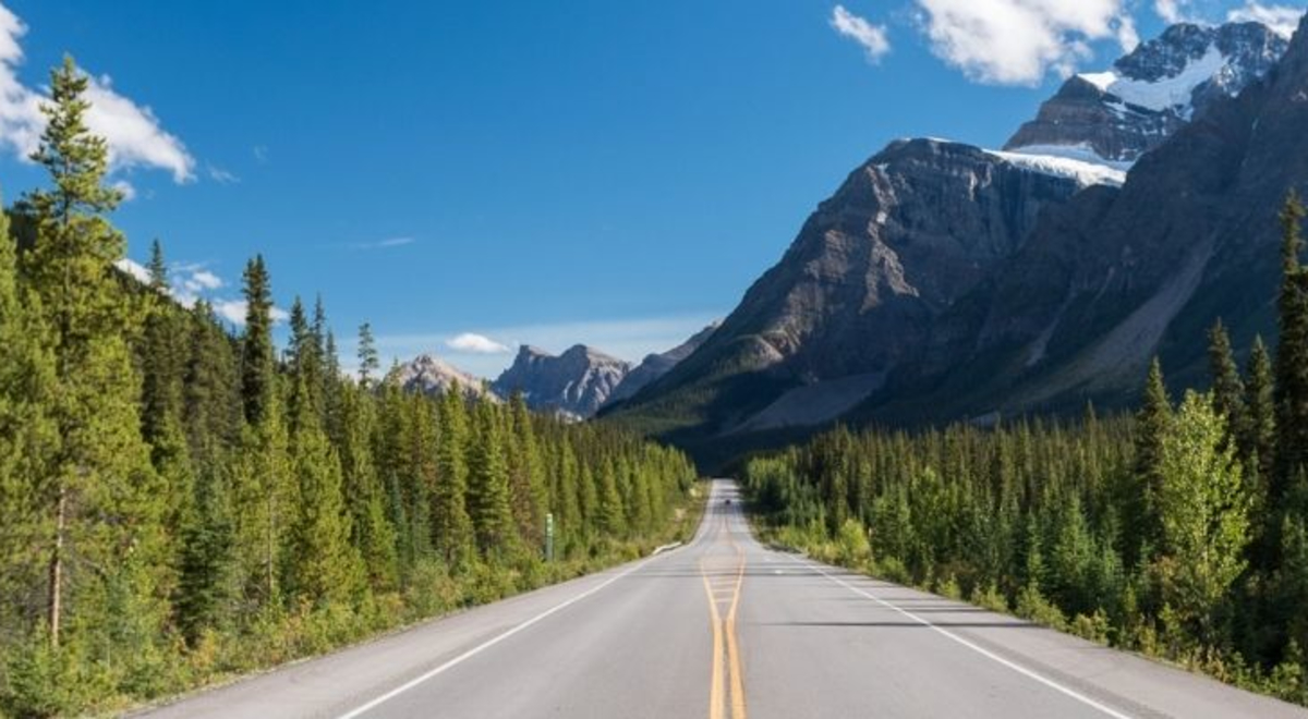 Road in Canada with scenic view of trees and mountains 