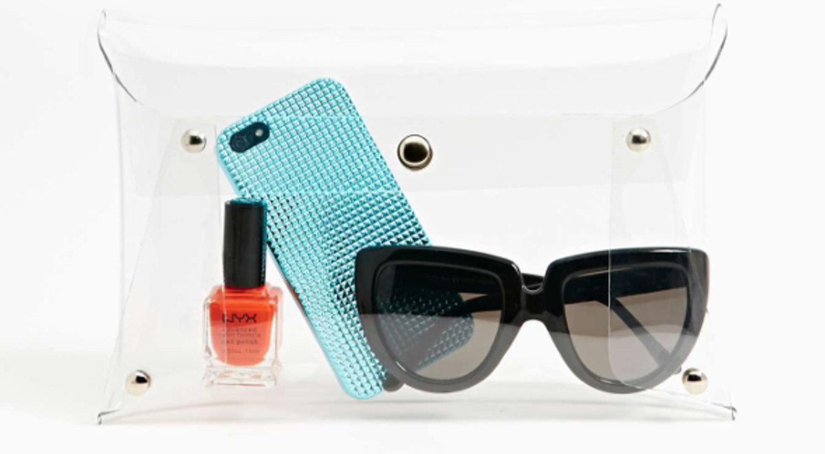 transparent purse with nail polish phone and phone