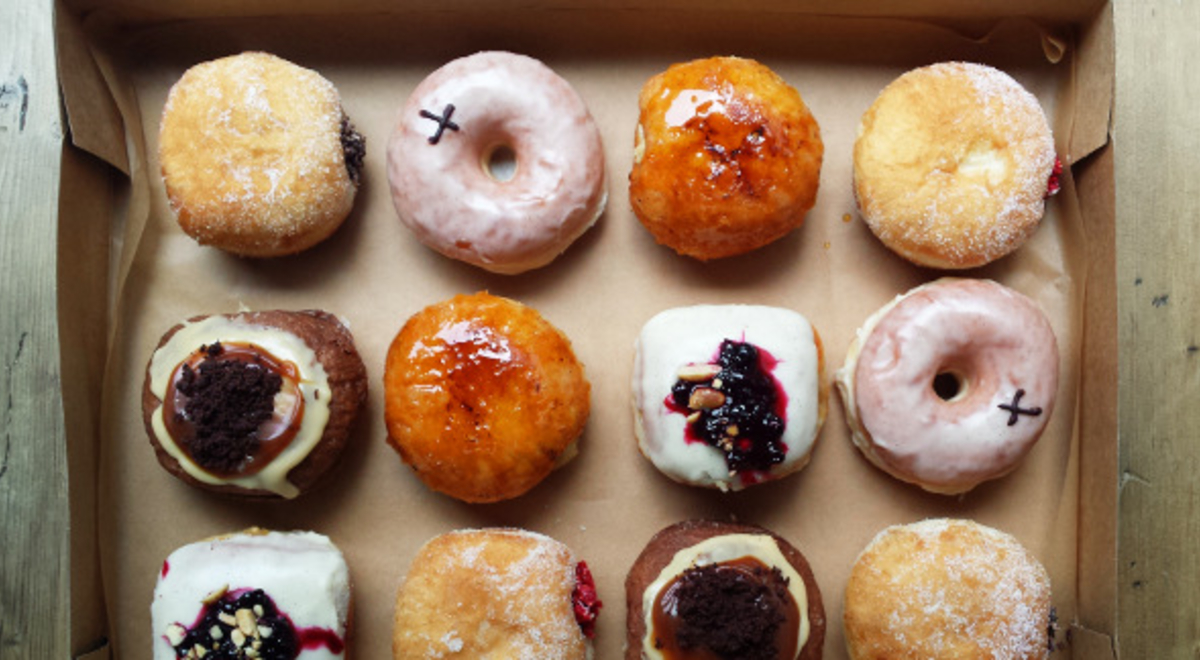 a box of assorted flavoured doughnuts