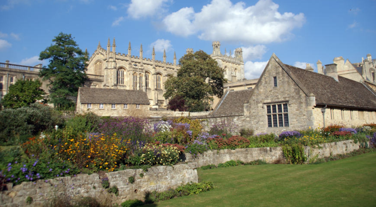 Colorful flowers in front of the Christ Church War Memorial Garden