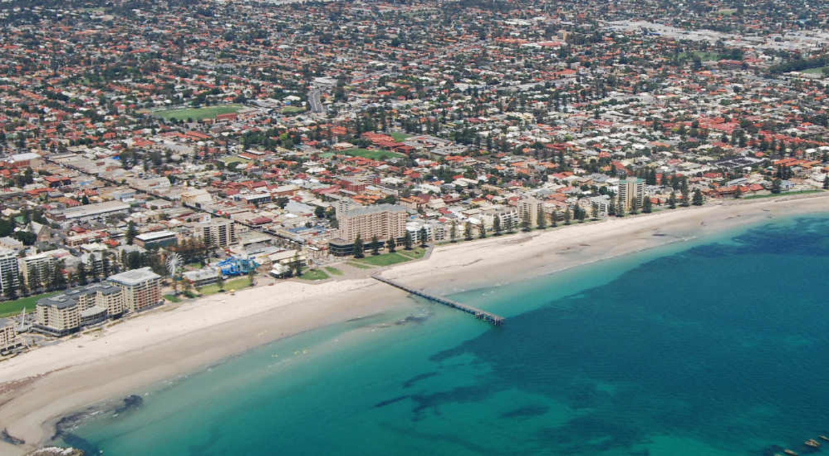 Aerial photo captures a scenic view of Adelaide, South Australia.
