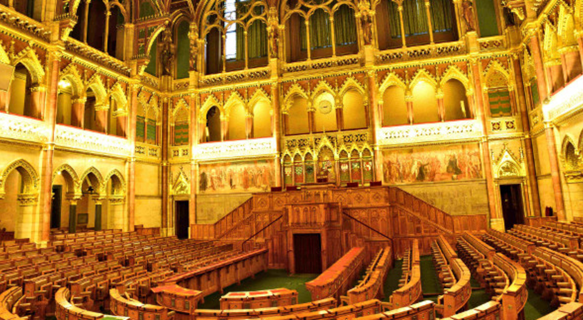 Golden walls and ornaments cover the interior of Hungarian Parliament Building
