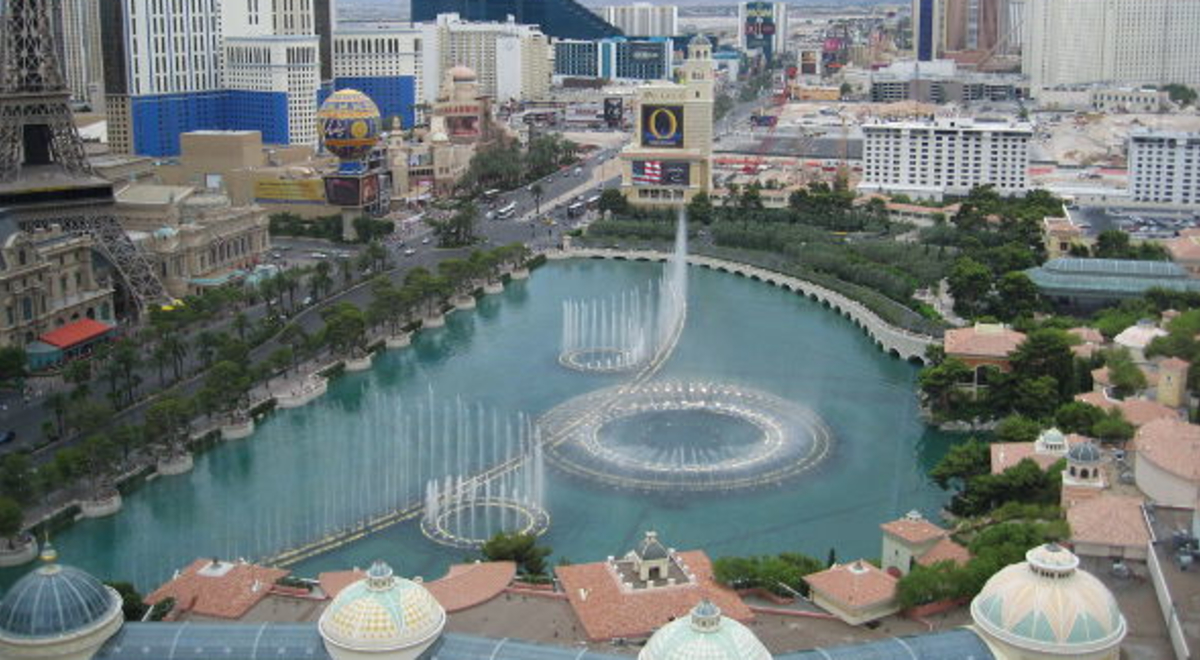 Ariel view of the Bellagio Fountain and surrounding buildings in Las Vegas  
