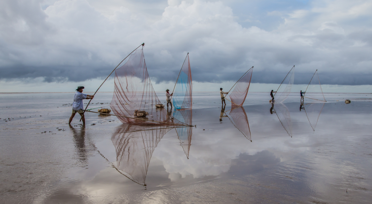 Fisherfolk cast their nets on a beach at the Mekong Delta in south Vietnam