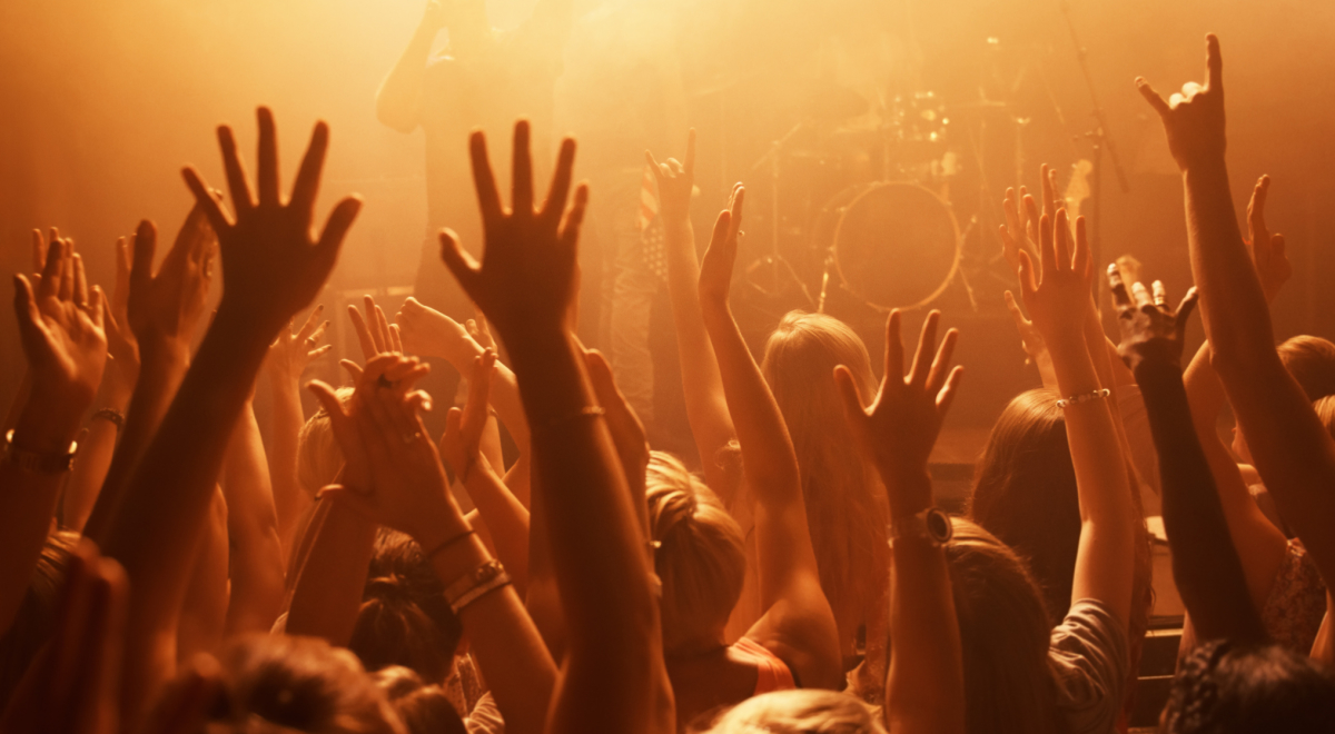 people raising their hand for a punk rock band concert in a moshpit