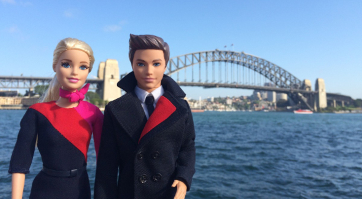 Two Qantas barbie dolls on the Sydney Harbour 