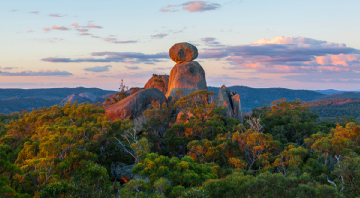 the majestic rock formatuiion in the middle of the Giraween National Park during sunset