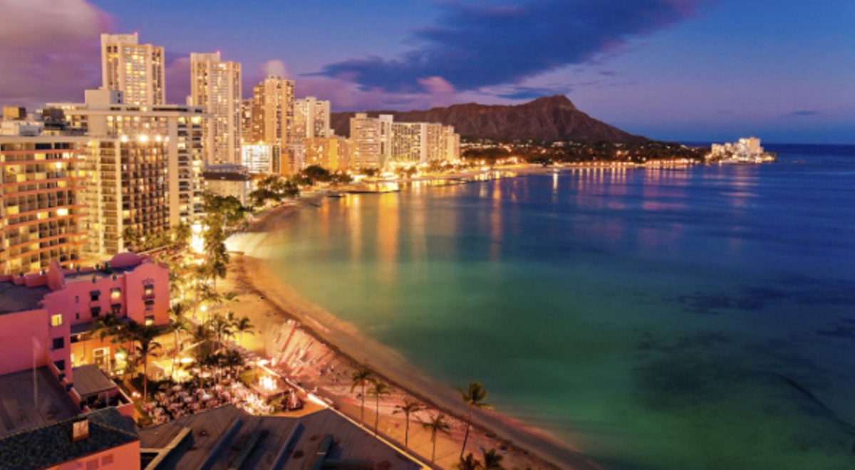 Magical aerial view of Buildings and Waikiki Beach in Hawaii during sunset