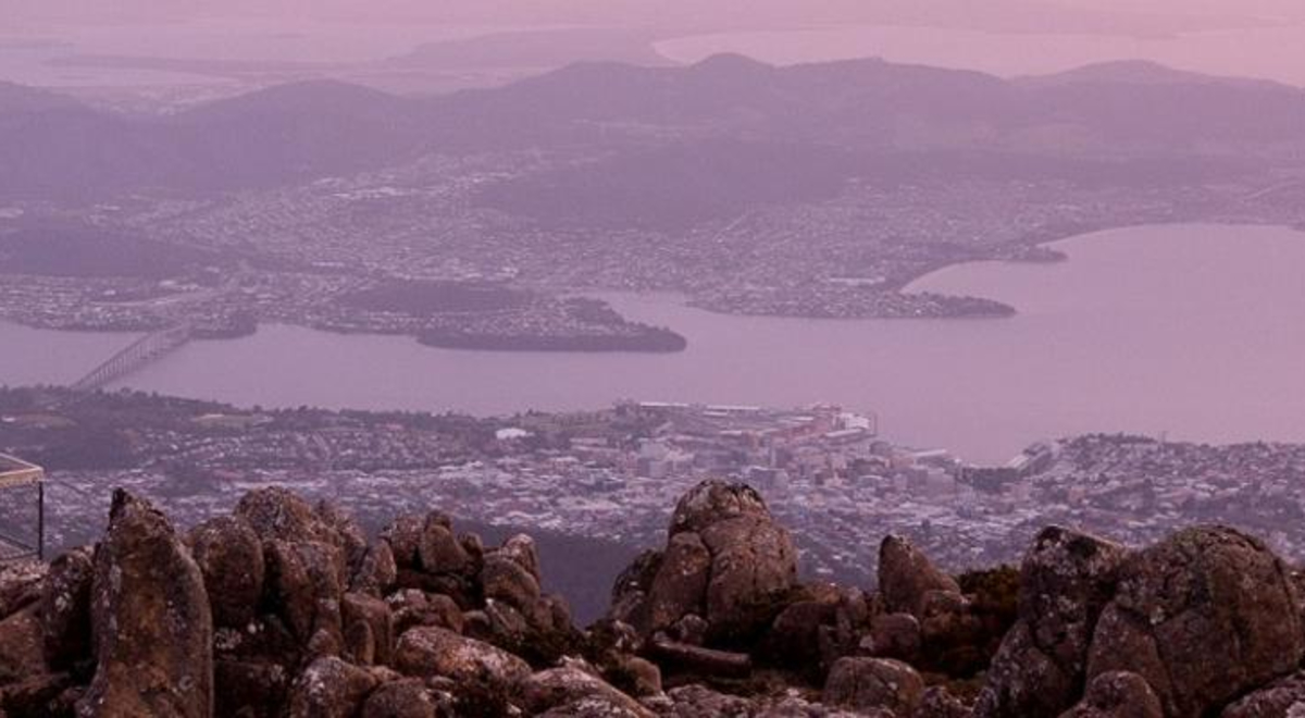 Aerial photo of Mount Wellington and a whole city in Tasmania