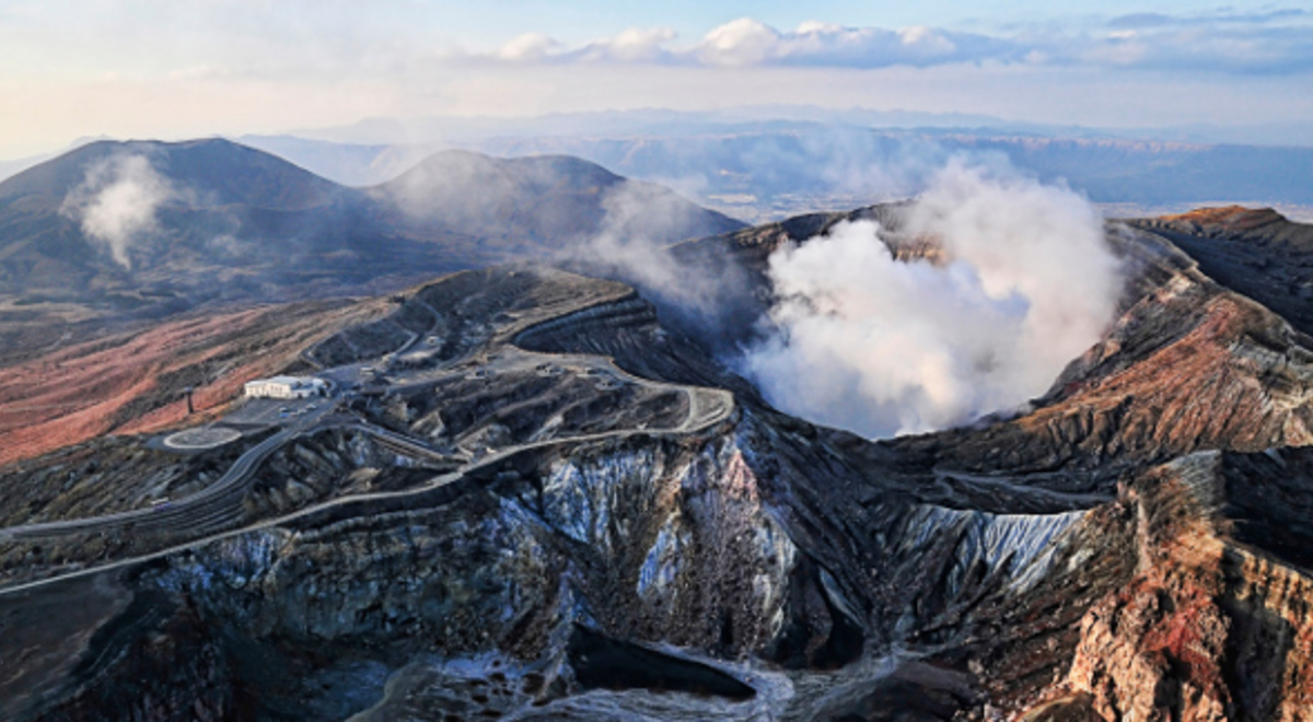 Ariel view of eruption at Mount Aso in Japan