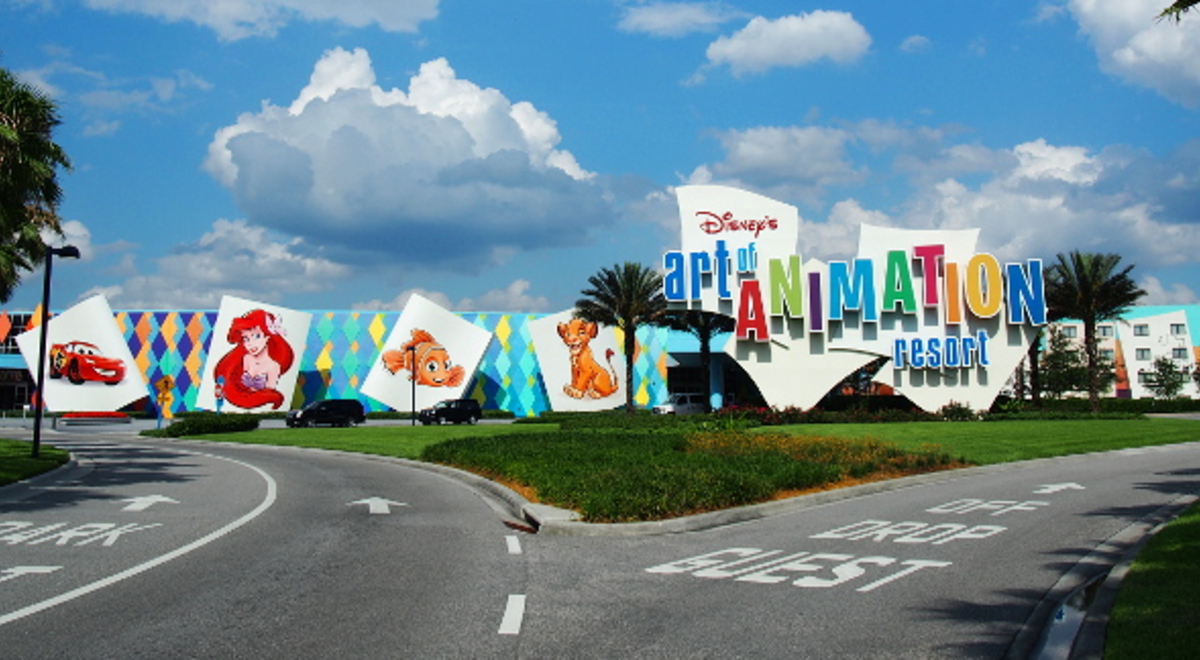 Sunny day at the front entrance of Disney's art of animation resort 