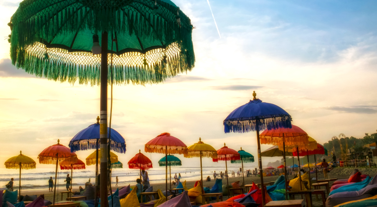 Colourful umbrellas as Seminyak Beach in Bali