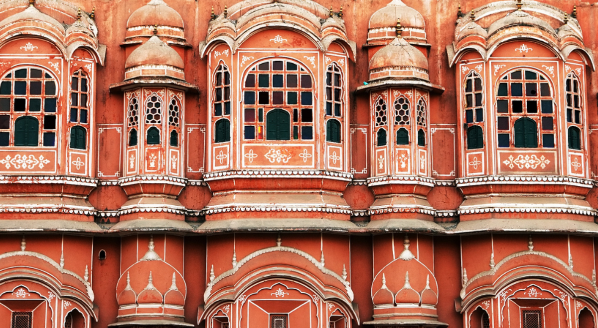 Facade of intricate red brick building in India
