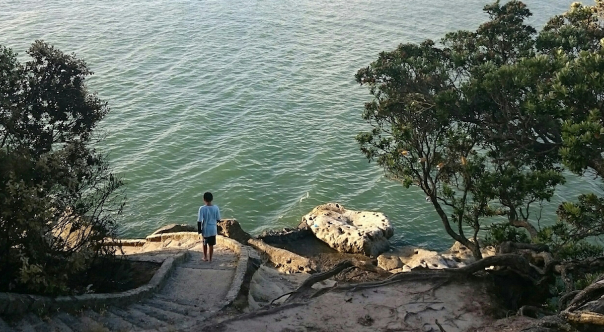 Looking down at a boy walking down stone stairs between trees to the rocky shore 